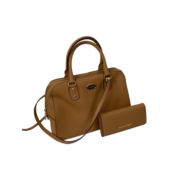 Michael Kors Tan Saffiano Leather Satchel & Wallet Set Gold Hardware 8776 EUC